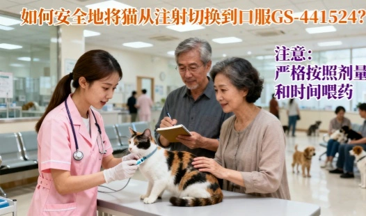 How do I switch a cat from injection to oral GS-441524 safely?